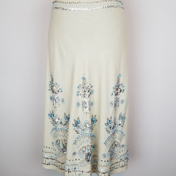 Carole Little Turquoise & Silver Beaded Sequin Midi Linen Skirt Ladies Size 6 - Picture 2 of 7